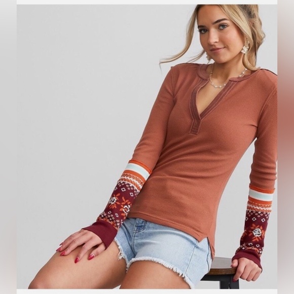 Free People Mikah Notch Neck Long Sleeve Blouse Autumn Orange Size XS Fall Boho - Picture 4 of 12
